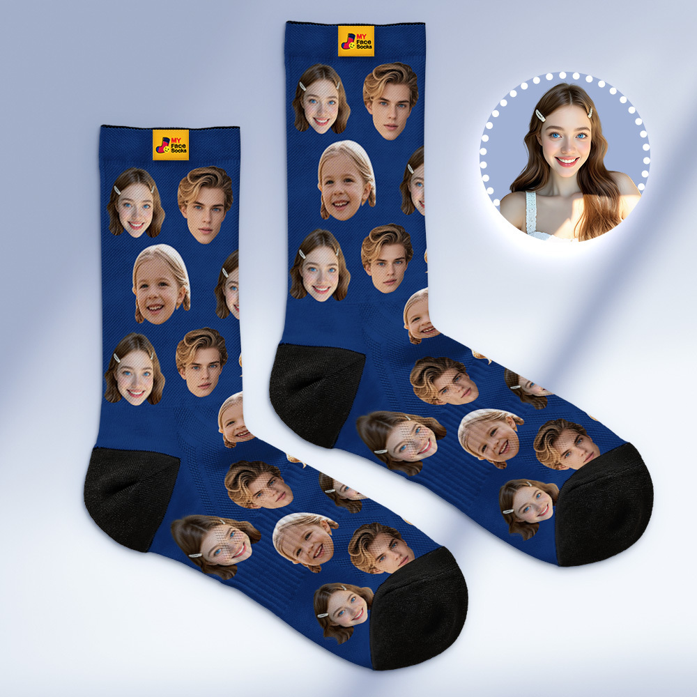 Calcetines Personalizados Con Caras, Calcetines Personalizados Con Foto De Caras, Azul Oscuro, Divertidos Calcetines Familiares Con Foto. - MyFaceSocksES