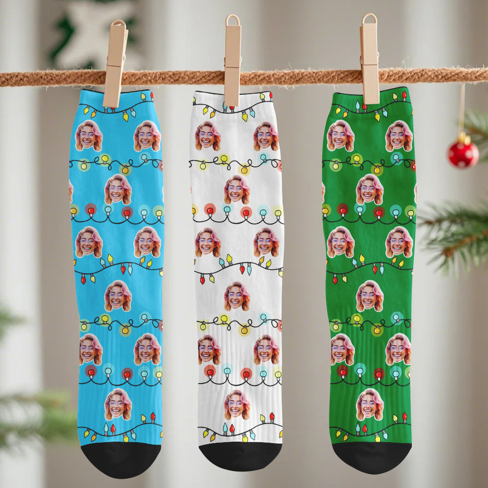 Calcetines Personalizados Con Caras, Luces Navideñas, Calcetines Multicolor, Calcetines Navideños Personalizados Con Foto, Regalo Divertido Para Familiares Y Amigos - MyFaceSocksES