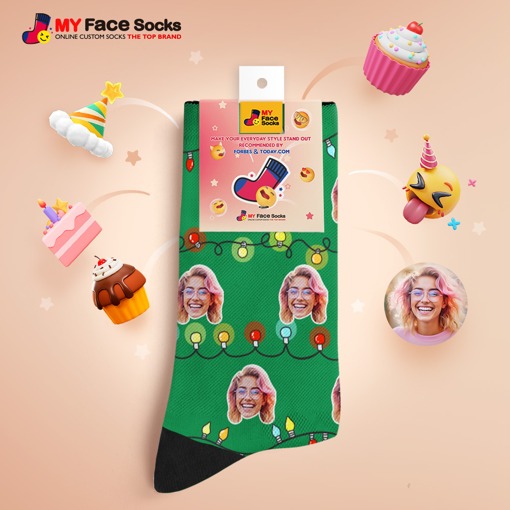 Calcetines Personalizados Con Caras, Luces Navideñas, Calcetines Multicolor, Calcetines Navideños Personalizados Con Foto, Regalo Divertido Para Familiares Y Amigos - MyFaceSocksES