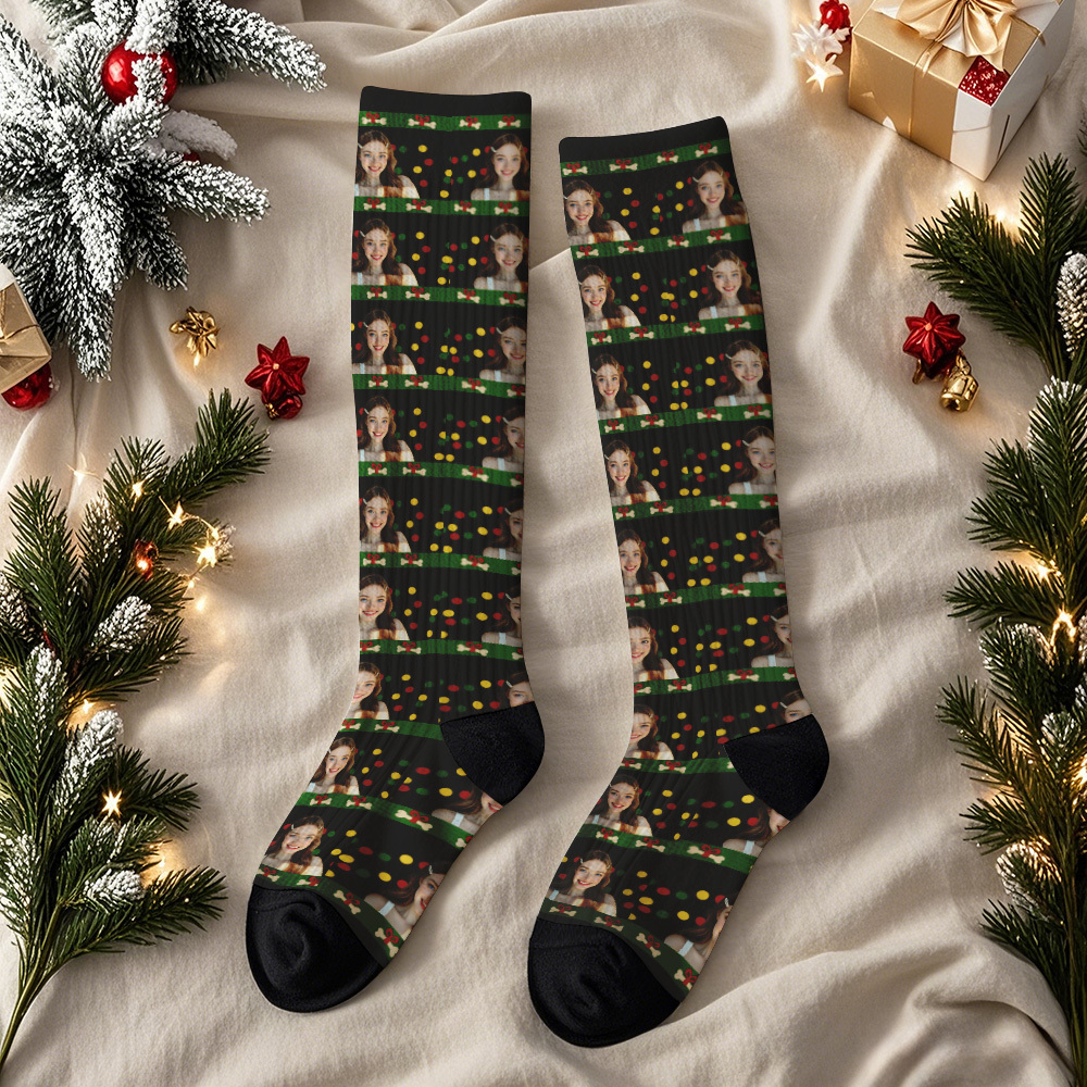 Calcetines Navideños Personalizados Con Cara, Calcetines Festivos Hasta La Rodilla Para Atuendos Navideños O Como Regalo. - MyFaceSocksES