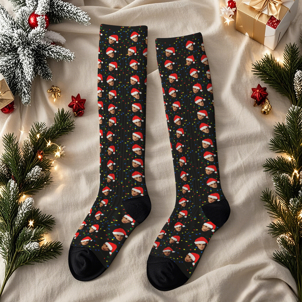 Calcetines Navideños Personalizados Con Cara, Calcetines Festivos Hasta La Rodilla Para Atuendos Navideños O Como Regalo. - MyFaceSocksES
