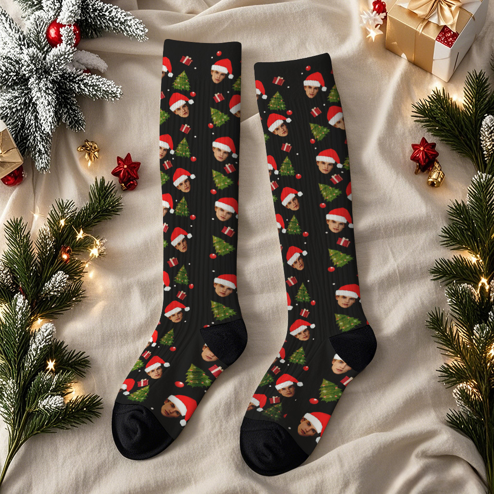 Calcetines Navideños Personalizados Con Cara, Calcetines Festivos Hasta La Rodilla Para Atuendos Navideños O Como Regalo. - MyFaceSocksES