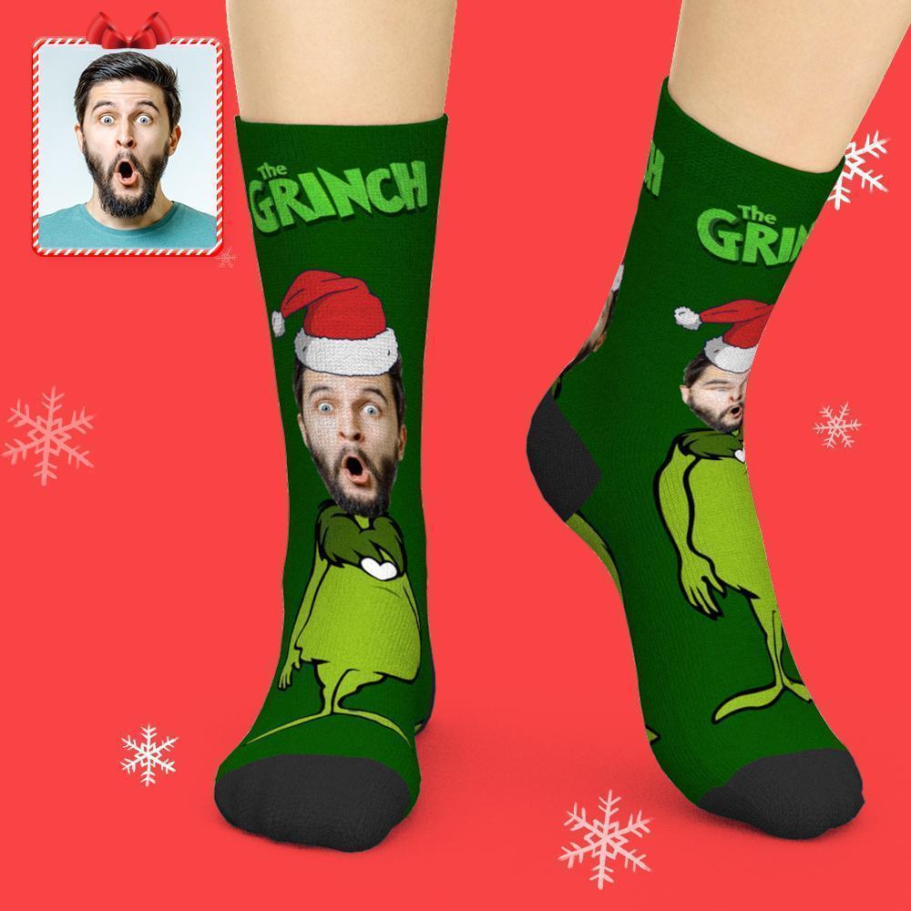 Custom Face Socks Add Pictures Christmas Photo Socks - Grinch