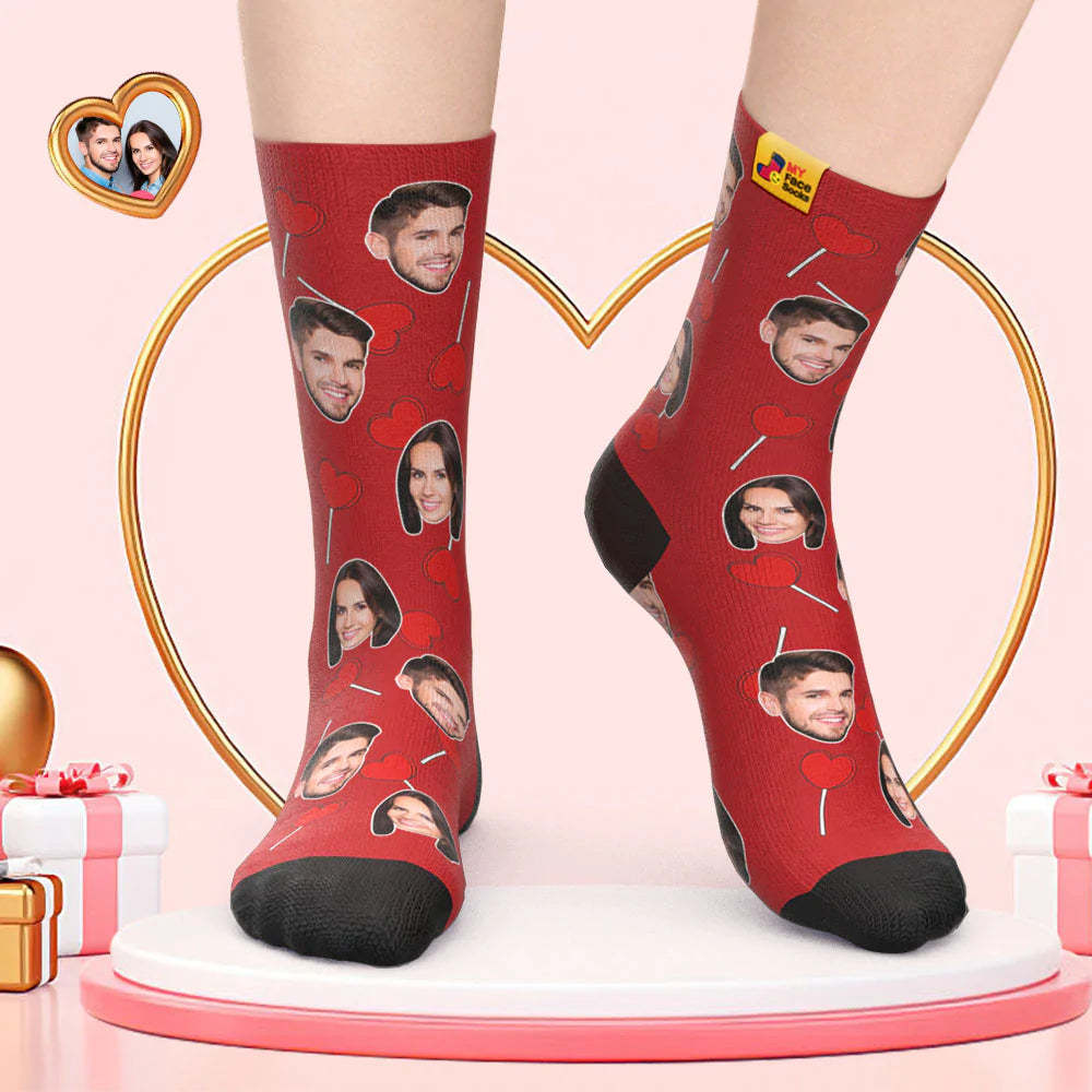 Calcetines De Cara Personalizados Regalo Del Día De San Valentín Agregar Imágenes Y Nombre Calcetines De Cara De Piruletas De Corazón - MyFaceSocksES