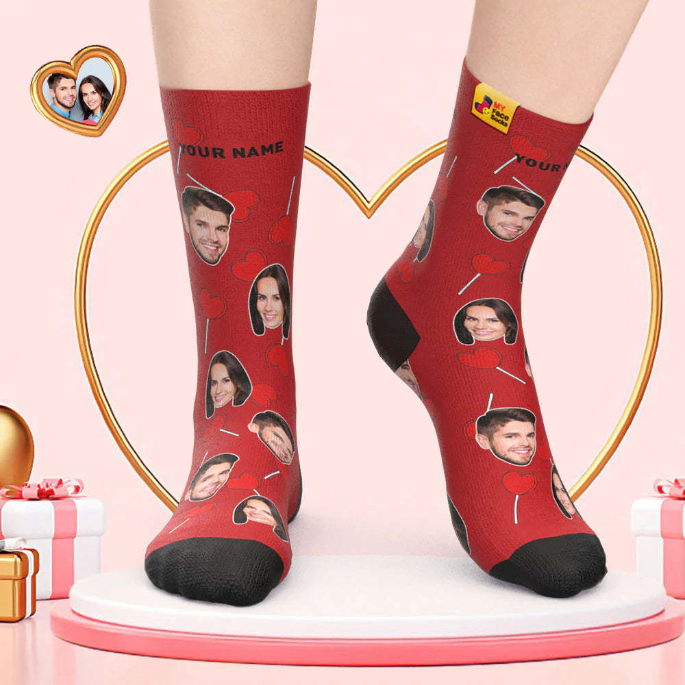 Calcetines De Cara Personalizados Regalo Del Día De San Valentín Agregar Imágenes Y Nombre Calcetines De Cara De Piruletas De Corazón - MyFaceSocksES