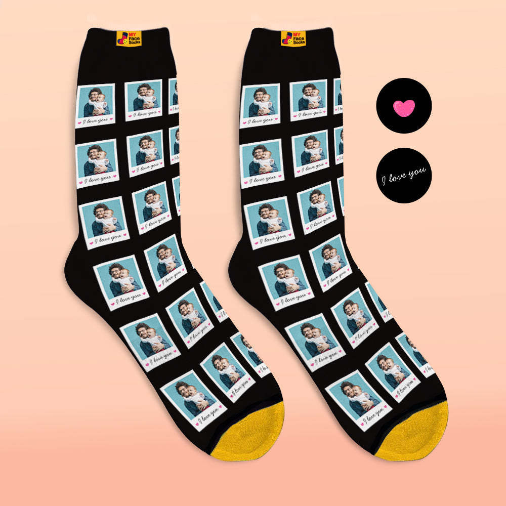 Calcetines Impresos Digitalmente En 3d Personalizados Agregar Imágenes Y Nombrar Calcetines Polaroid I Love You - MyFaceSocksES