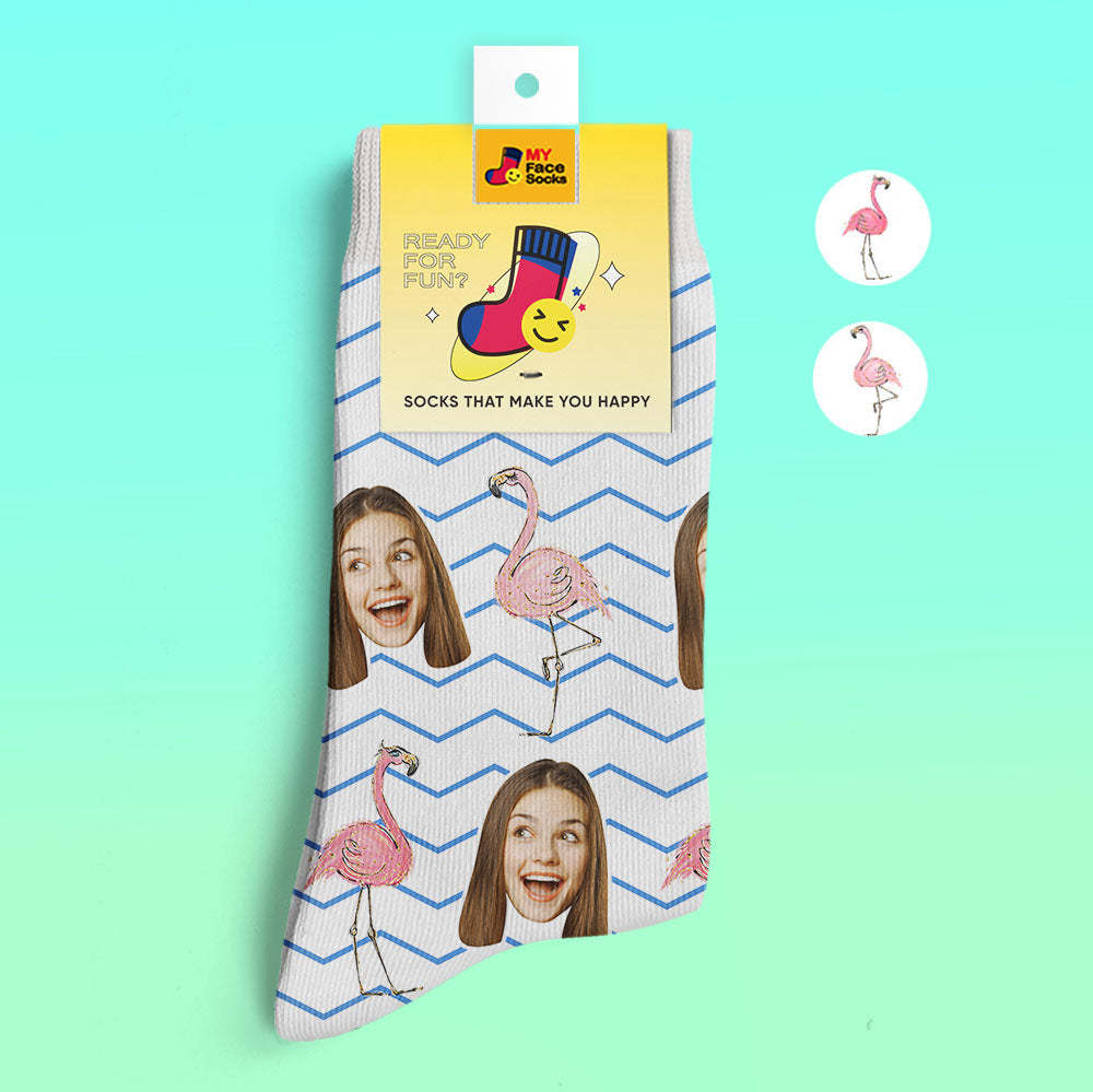 Calcetines Impresos Digitalmente En 3d Personalizados My Face Socks Agregue Imágenes Y Nombre - Flamingos Blue Zig Zag - MyFaceSocksES