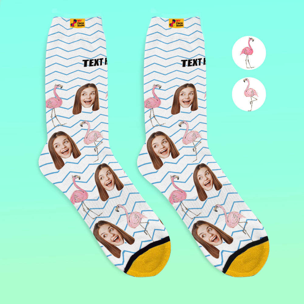 Calcetines Impresos Digitalmente En 3d Personalizados My Face Socks Agregue Imágenes Y Nombre - Flamingos Blue Zig Zag - MyFaceSocksES