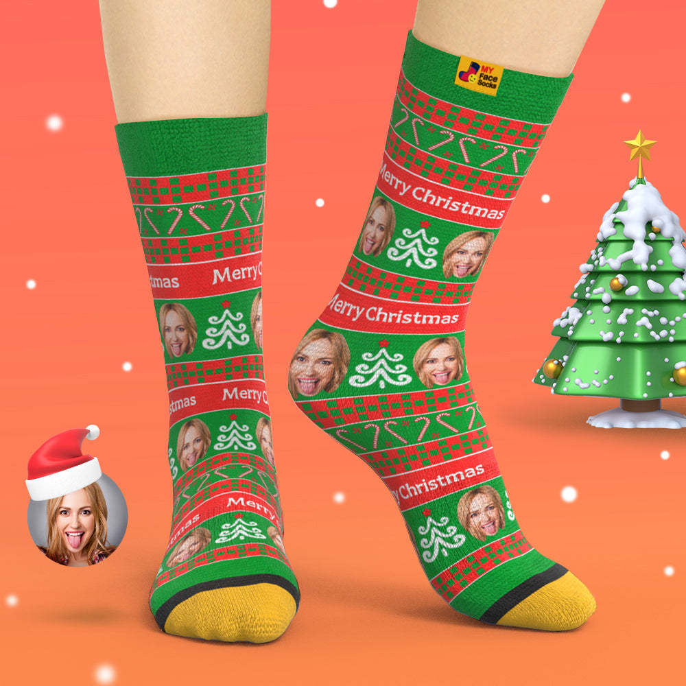 Los Calcetines Impresos Digitales 3d Personalizados Agregan Imágenes Y Nombran El Regalo De Navidad De Los Calcetines Verdes De Santa - MyFaceSocksES