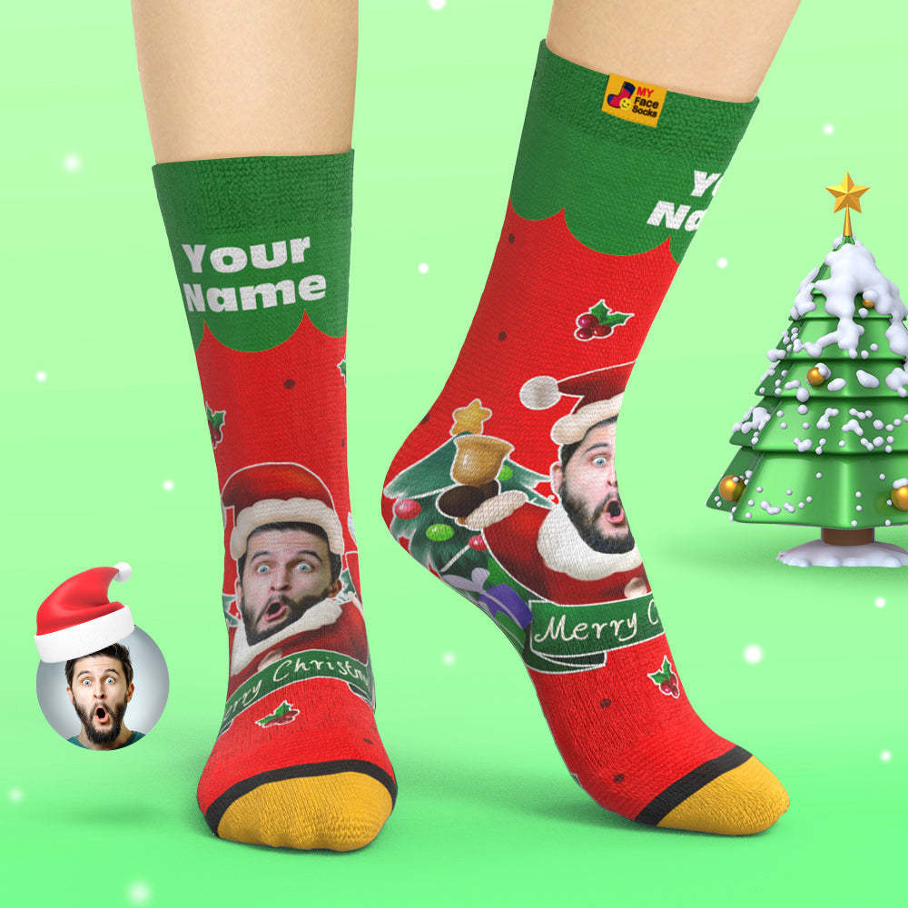 Calcetines Impresos Digitales 3d Personalizados Sombreros De Papá Noel Calcetines De Regalo De Navidad Campanas De Navidad - MyFaceSocksES