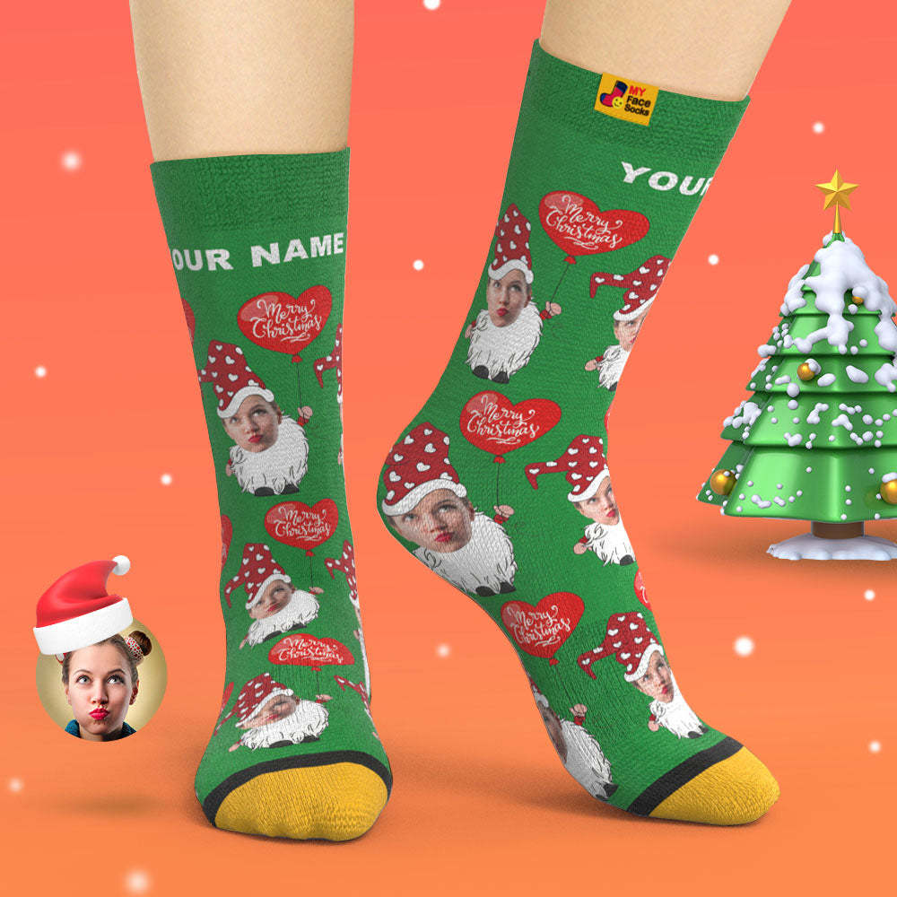 Gnomo De La Navidad De Los Calcetines Impresos Digitaces De La Aduana 3d Con Los Calcetines De La Navidad Del Globo En Forma De Corazón - MyFaceSocksES