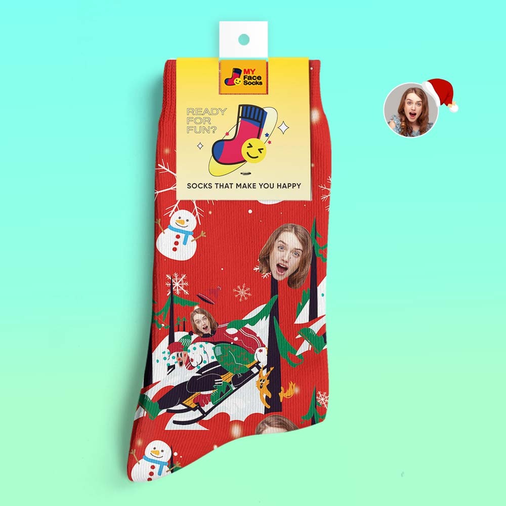 Calcetines Impresos Digitales 3d Personalizados Calcetines De Regalo De Navidad Sledding Together - MyFaceSocksES