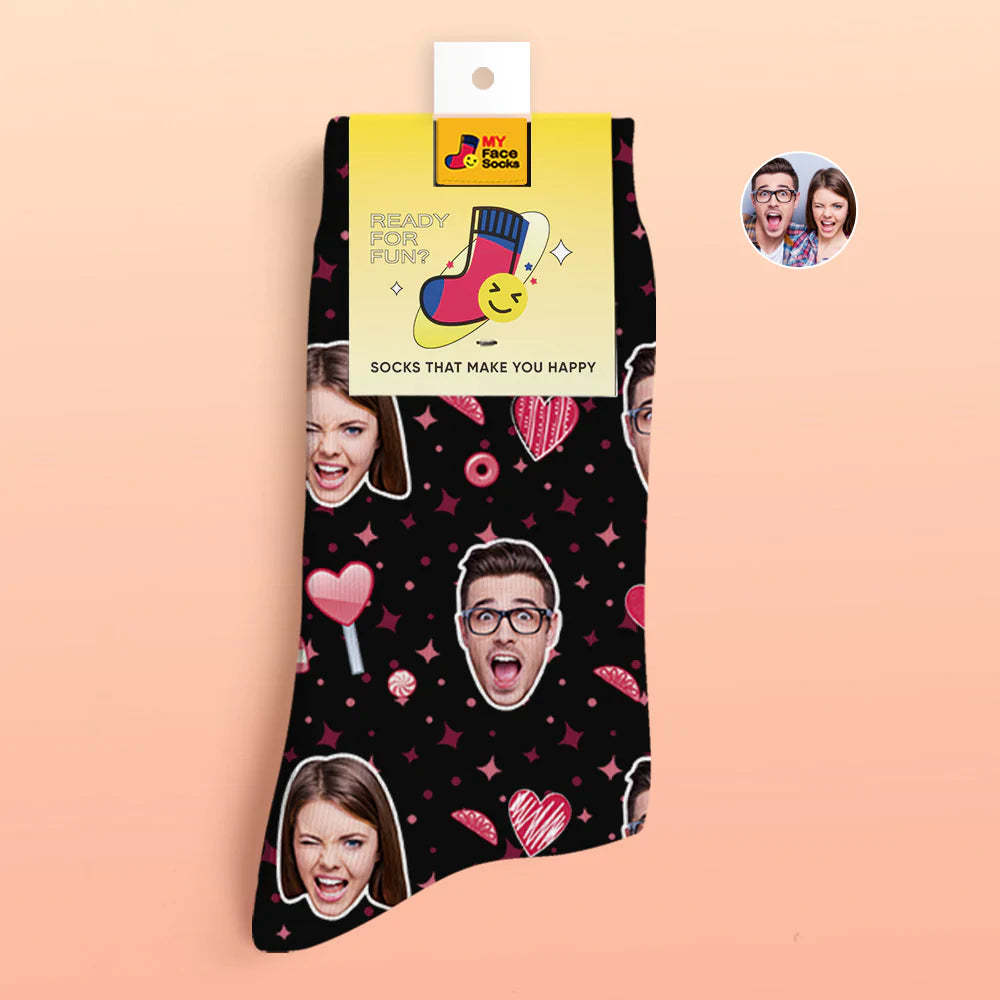 Calcetines Impresos Digitales Personalizados 3d Calcetines De Cara De Corazón De Caramelo De Regalo De San Valentín Para Amante - MyFaceSocksES