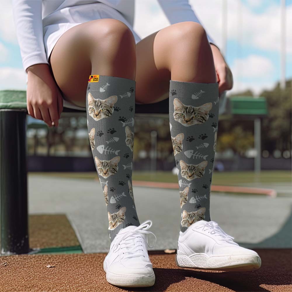 Actualización Del Día Del Padre Calcetines De Compresión Hasta La Rodilla Transpirables Personalizados Vista Previa En Línea Agregar Imagen Y Nombre Gato - MyFaceSocksES