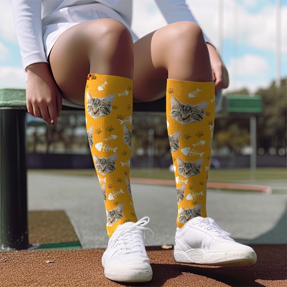 Actualización Del Día Del Padre Calcetines De Compresión Hasta La Rodilla Transpirables Personalizados Vista Previa En Línea Agregar Imagen Y Nombre Gato - MyFaceSocksES