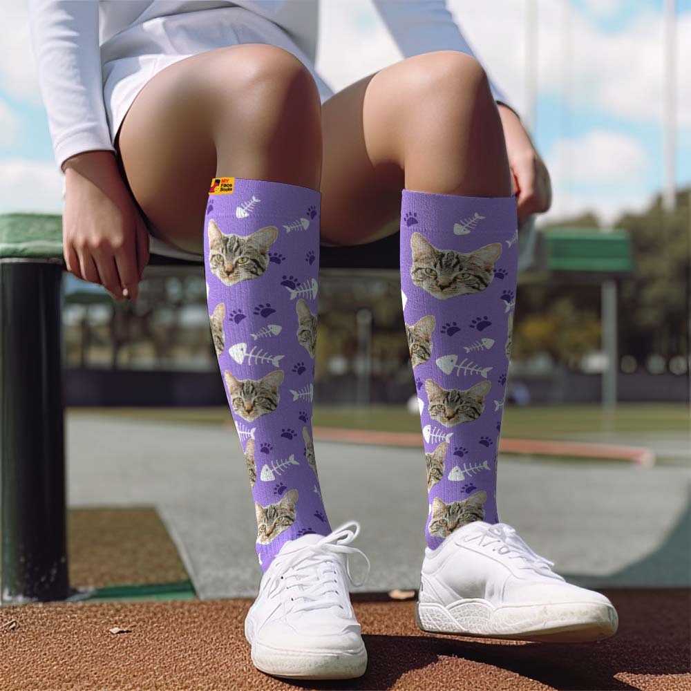 Actualización Del Día Del Padre Calcetines De Compresión Hasta La Rodilla Transpirables Personalizados Vista Previa En Línea Agregar Imagen Y Nombre Gato - MyFaceSocksES