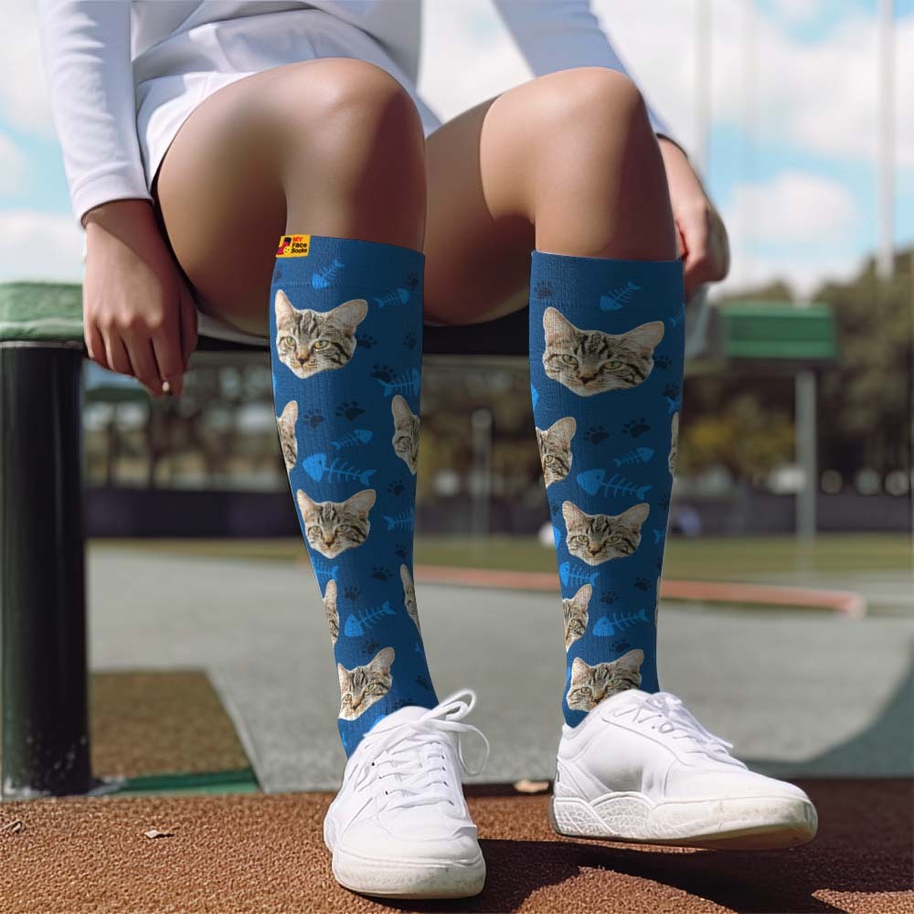 Actualización Del Día Del Padre Calcetines De Compresión Hasta La Rodilla Transpirables Personalizados Vista Previa En Línea Agregar Imagen Y Nombre Gato - MyFaceSocksES