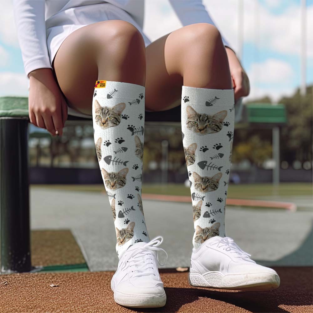 Actualización Del Día Del Padre Calcetines De Compresión Hasta La Rodilla Transpirables Personalizados Vista Previa En Línea Agregar Imagen Y Nombre Gato - MyFaceSocksES