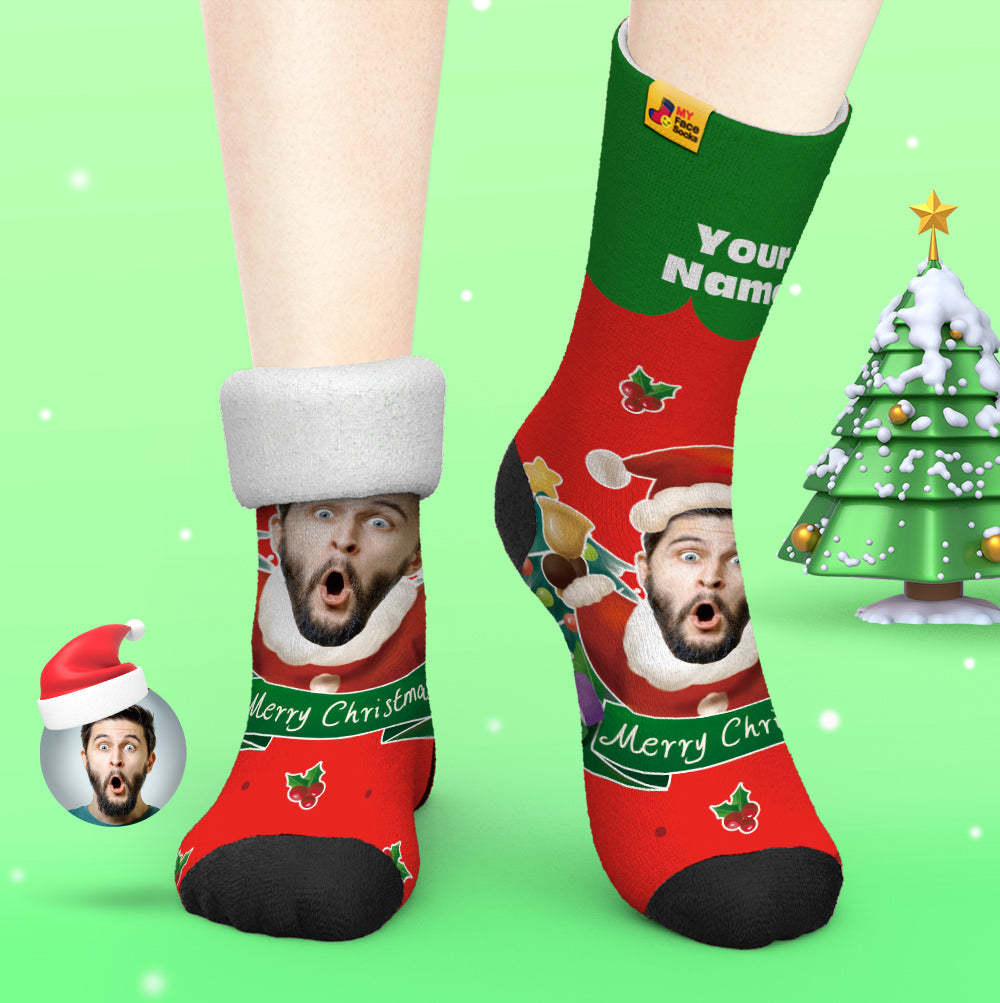 Calcetines Gruesos Personalizados Foto Otoño Invierno Calcetines Cálidos Sombreros De Papá Noel Calcetines De Regalo De Navidad Campanas De Navidad - MyFaceSocksES