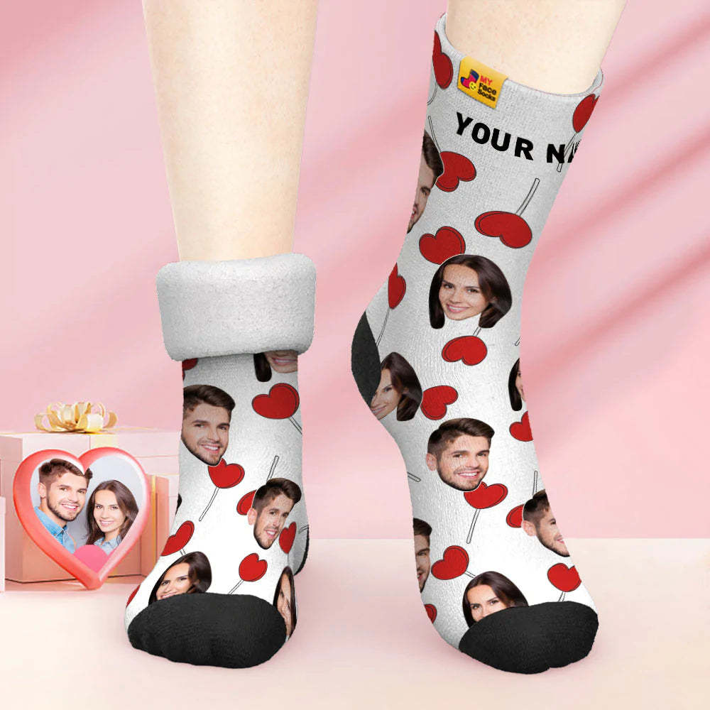 Calcetines Gruesos Personalizados Con Foto, Regalo De San Valentín, Calcetines Cálidos, Calcetines Con Cara De Piruletas De Corazón - MyFaceSocksES