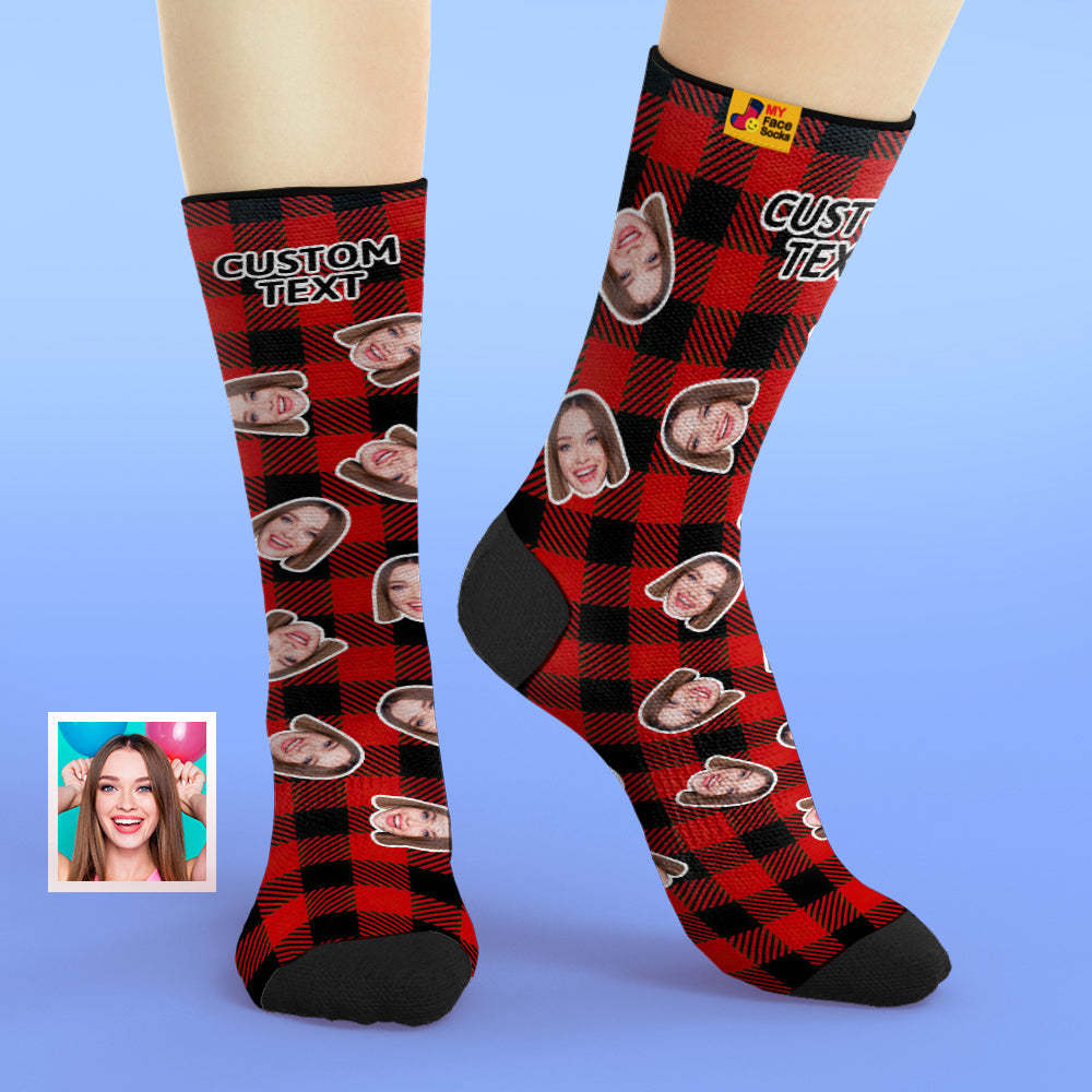 Calcetines De Cara Personalizados Agregar Imágenes Y Nombre Calcetines Suaves Transpirables Con Estampado De Cuadros Rojos - MyFaceSocksES