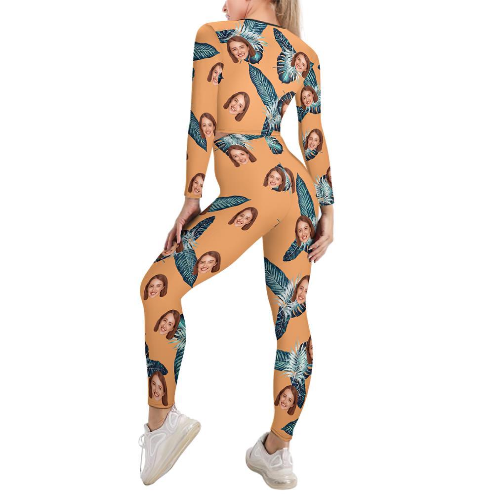 Conjunto De Sudadera Con Cuello En V Para Mujer Con Cara Personalizada Traje Informal Elástico - Naranja Hawaiana - MyFaceSocksES