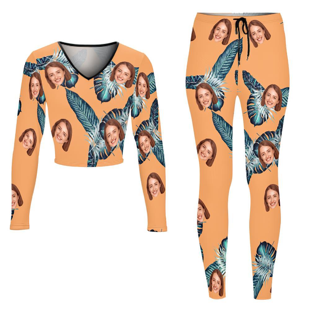 Conjunto De Sudadera Con Cuello En V Para Mujer Con Cara Personalizada Traje Informal Elástico - Naranja Hawaiana - MyFaceSocksES