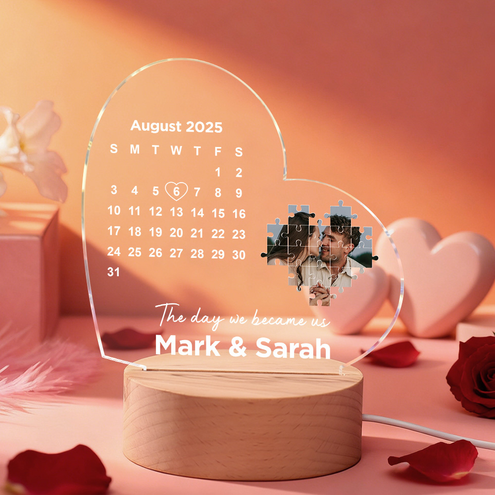 Lámpara De Corazón De Acrílico Personalizada Para San Valentín - Luz Nocturna Led Personalizada Con Nombres Y Fecha De Aniversario - Regalo Romántico De Decoración De Escritorio - MyFaceSocksES