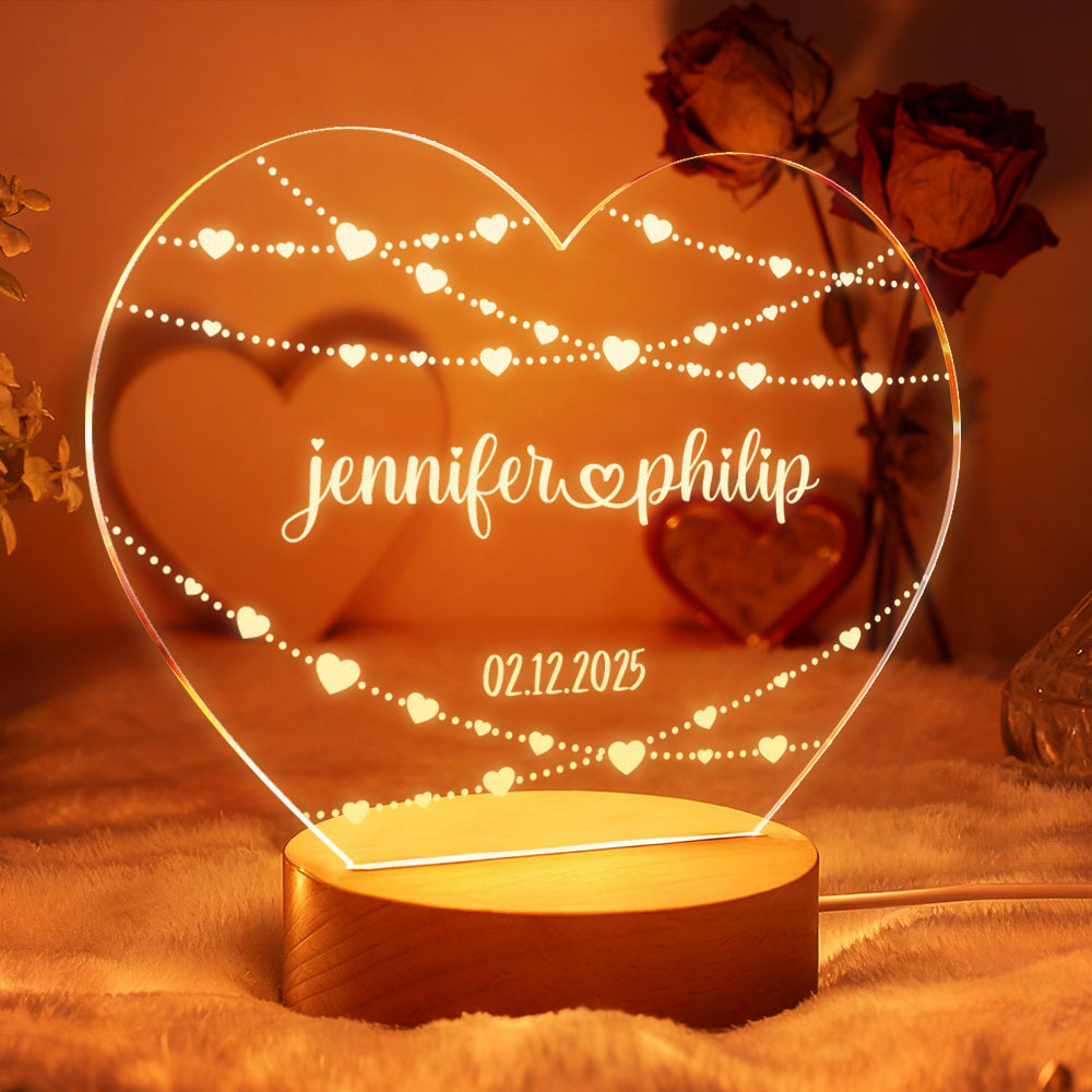 Lámpara De Corazón De Acrílico Personalizada Para San Valentín - Luz Nocturna Led Personalizada Con Nombres Y Fecha De Aniversario - Regalo Romántico De Decoración De Escritorio - MyFaceSocksES