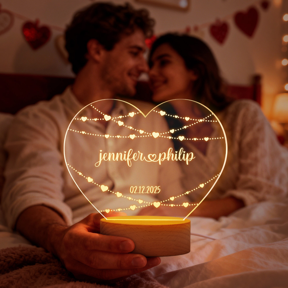 Lámpara De Corazón De Acrílico Personalizada Para San Valentín - Luz Nocturna Led Personalizada Con Nombres Y Fecha De Aniversario - Regalo Romántico De Decoración De Escritorio - MyFaceSocksES