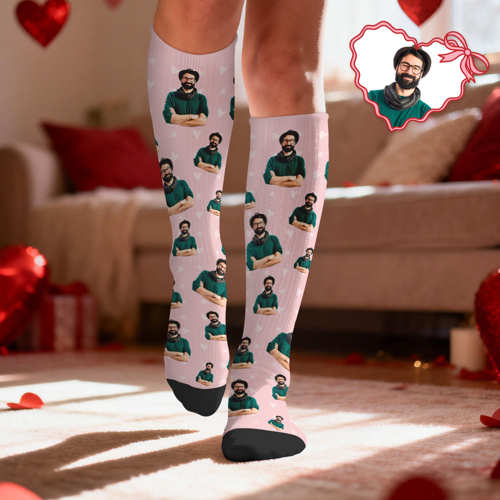 Calcetines De Compresión Facial Personalizados Calcetines Hasta La Rodilla Personalizados Con Foto De Corazón Regalo Para Él Y Ella - MyFaceSocksES