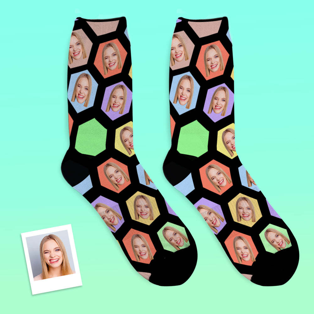 Calcetines Faciales Personalizados Agregue Imágenes Y Nombre Calcetines Suaves Transpirables Hexagonales - MyFaceSocksES