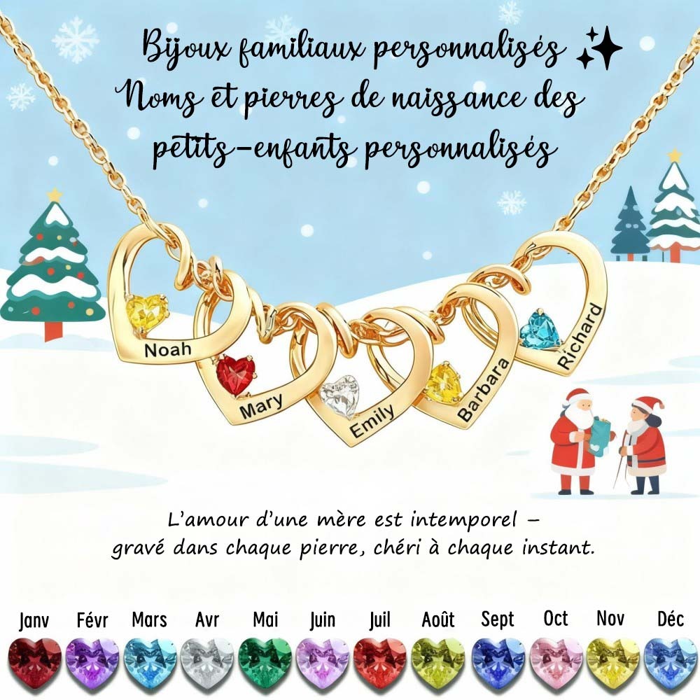 Collier Personnalisé Avec Nom Et Pierre De Naissance En Forme De Cœur, Cadeau Personnalisé Pour Maman Ou Grand-mère