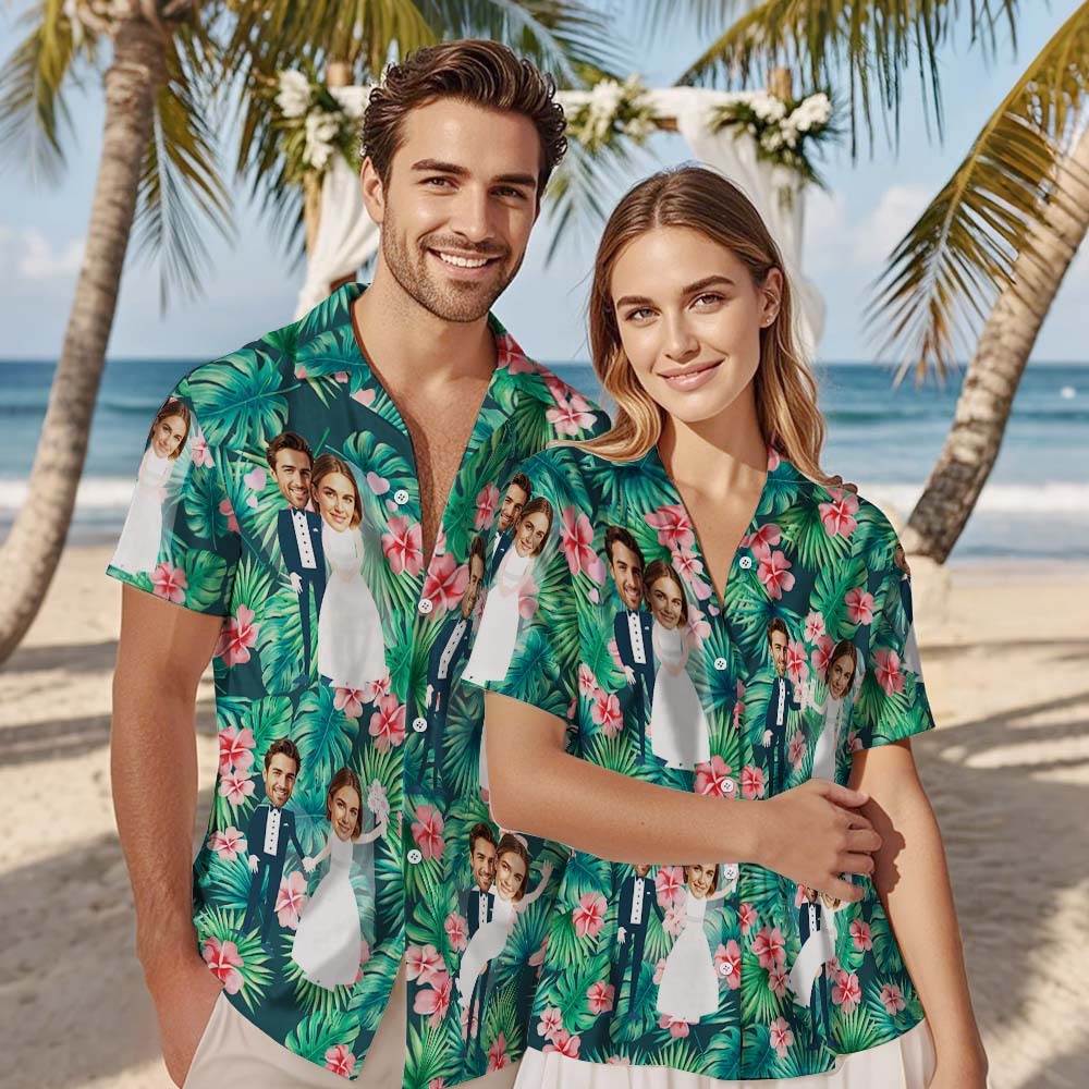 Visage Personnalisé Chemise Hawaïenne Mariage Tropical Vert Flamant Visage Chemise Hawaïenne Faveur De Mariage - MyFaceSocksFR