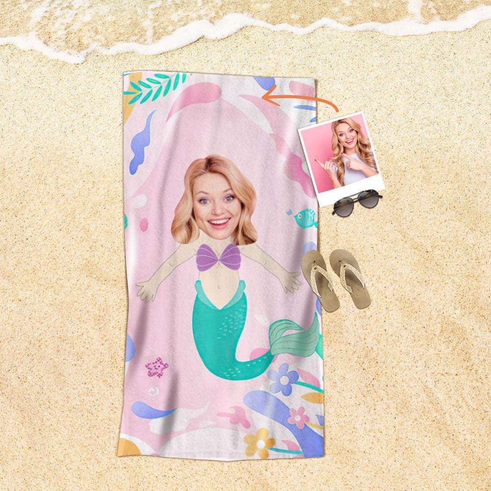 Serviette De Plage Visage Personnalisée, Serviette De Plage Sirène Sexy Personnalisée, Cadeau Amusant - MyFaceSocksFR