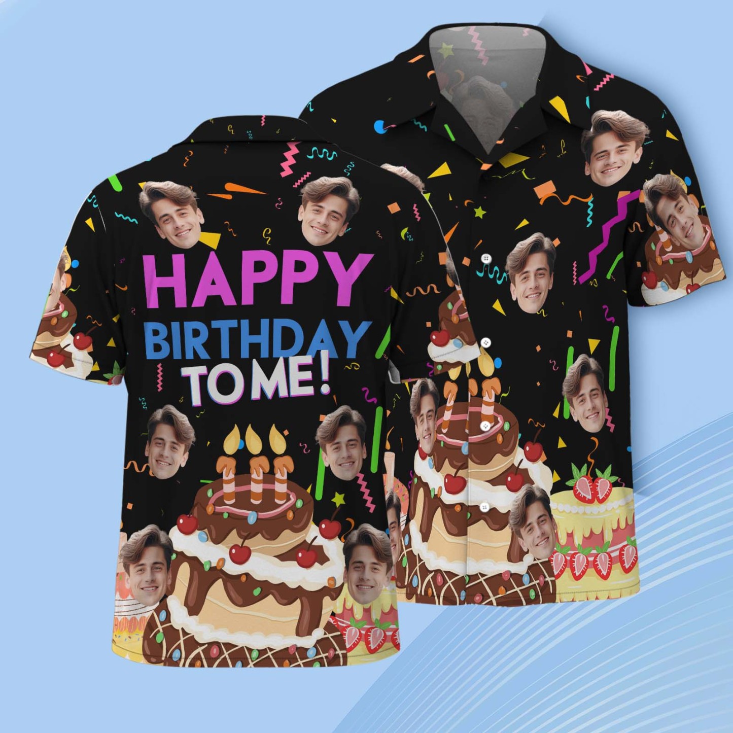Chemise Hawaïenne Visage Personnalisé Anniversaire Personnalisé Hommes Piscine Bleu Clair Chemise Hawaïenne Cadeau De Fête - MyFaceSocksFR