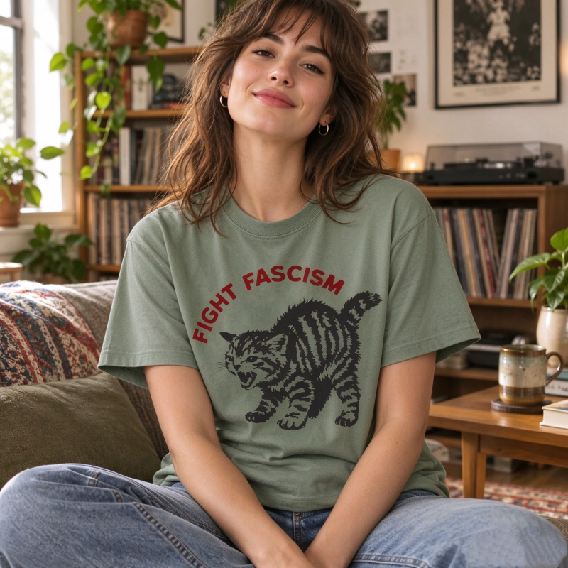 T-shirt Fight Fascism Tabby Cat – T-shirt à Déclaration Audacieuse Pour Les Activistes Et Les Donateurs De Cadeaux Pour Ce Cadeau De Vacances - MyFaceSocksFR