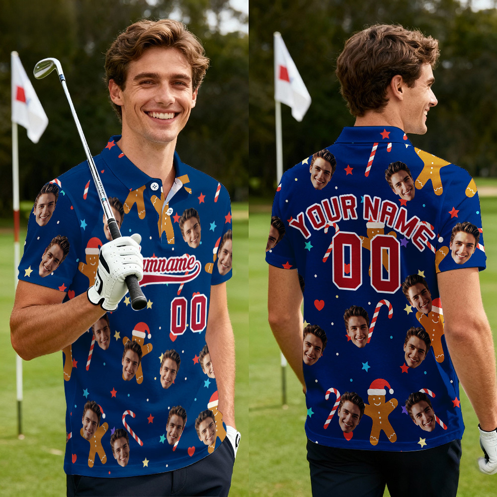 Polo De Golf Personnalisé Avec Visage Et Texte, Flocons De Neige Rouge Foncé, Père Noël, Performance - MyFaceSocksFR
