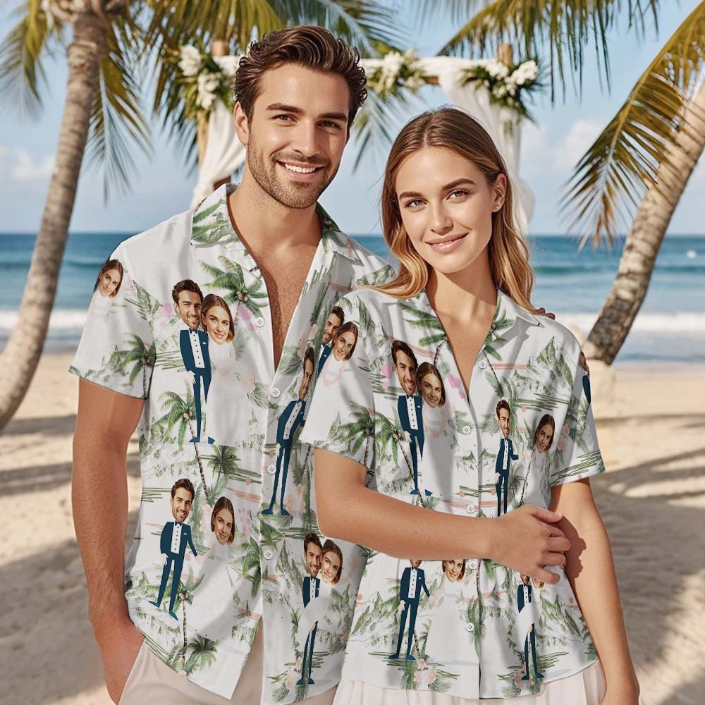 Visage Personnalisé Chemise Hawaïenne Mariage Tropical Vert Flamant Visage Chemise Hawaïenne Faveur De Mariage - MyFaceSocksFR