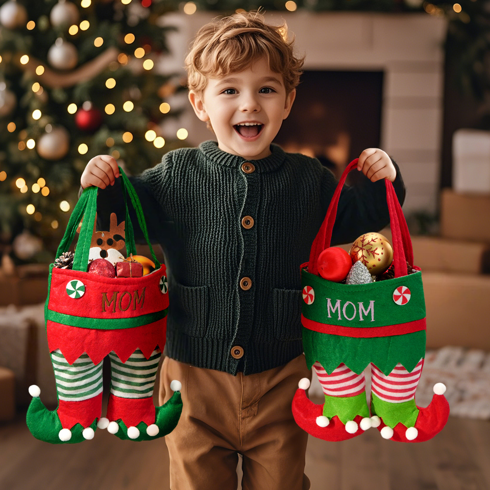Bas Personnalisés Avec Nom, Cadeaux De Noël, Pantalon Elfe Jingle Bell, Bas Personnalisés Pour La Famille - MyFaceSocksFR