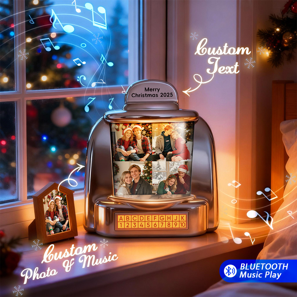Mini Jukebox Rétro De Noël Personnalisé – Lecteur De Musique Avec Radio Et Photo Personnalisée (noms Et Date) | Décoration De Table Vintage | Cadeau De Noël Rétro Et Nostalgique - MyFaceSocksFR