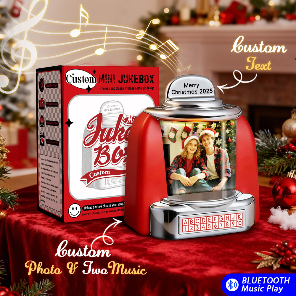 Mini Jukebox Rétro De Noël Personnalisé – Lecteur De Musique Avec Radio Et Photo Personnalisée (noms Et Date) | Décoration De Table Vintage | Cadeau De Noël Rétro Et Nostalgique - MyFaceSocksFR