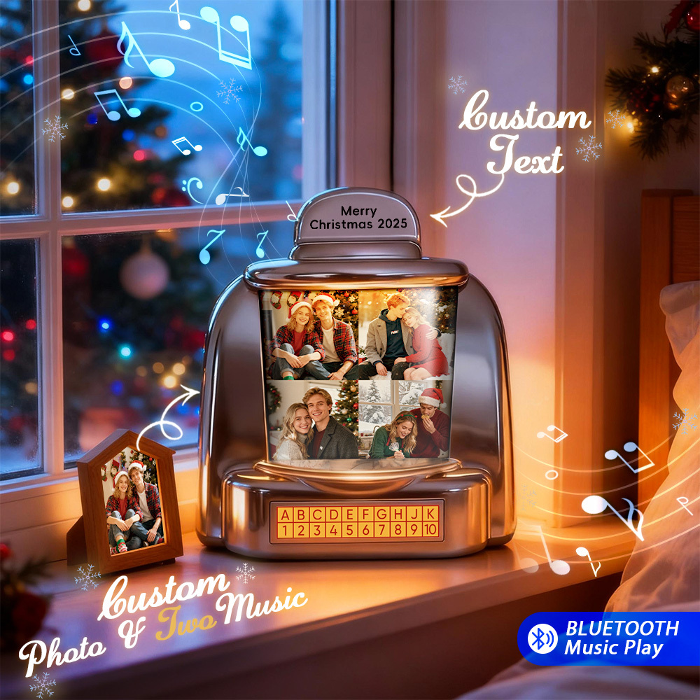Mini Jukebox Rétro De Noël Personnalisé – Lecteur De Musique Avec Radio Et Photo Personnalisée (noms Et Date) | Décoration De Table Vintage | Cadeau De Noël Rétro Et Nostalgique - MyFaceSocksFR