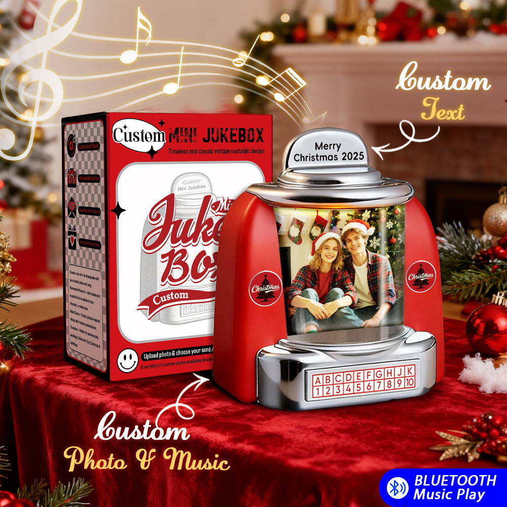 Mini Jukebox Rétro De Noël Personnalisé – Lecteur De Musique Avec Radio Et Photo Personnalisée (noms Et Date) | Décoration De Table Vintage | Cadeau De Noël Rétro Et Nostalgique - MyFaceSocksFR