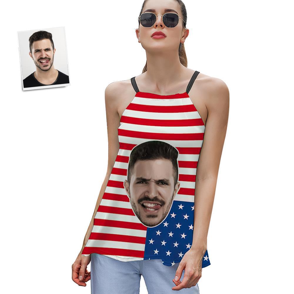 Custom Face Women's Strappy Camisoles Summer Sexy Loose Cute Tanks Tops - Usa Flag - VisageChaussettes