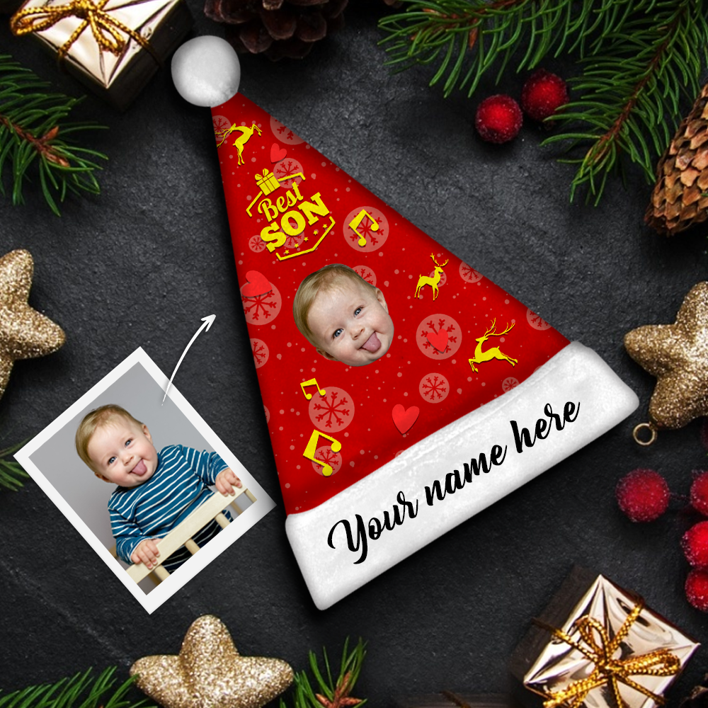 Plush Velvet My Face & Name Personalized Best Son Santa Hat - For Man, Woman, Kid