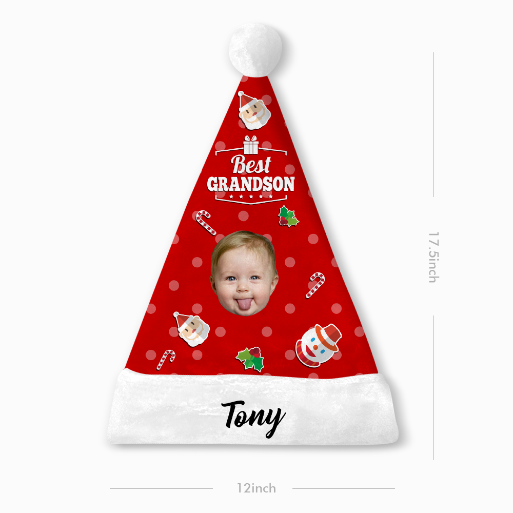 Plush Velvet My Face & Name Personalized Best GrandSon Santa Hat - For Man, Woman, Kid