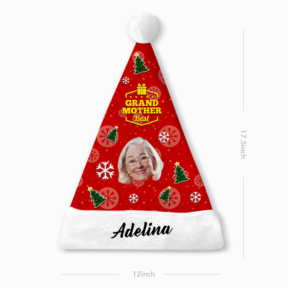 Plush Velvet My Face & Name Personalized Best GrandMother Santa Hat - For Man, Woman, Kid
