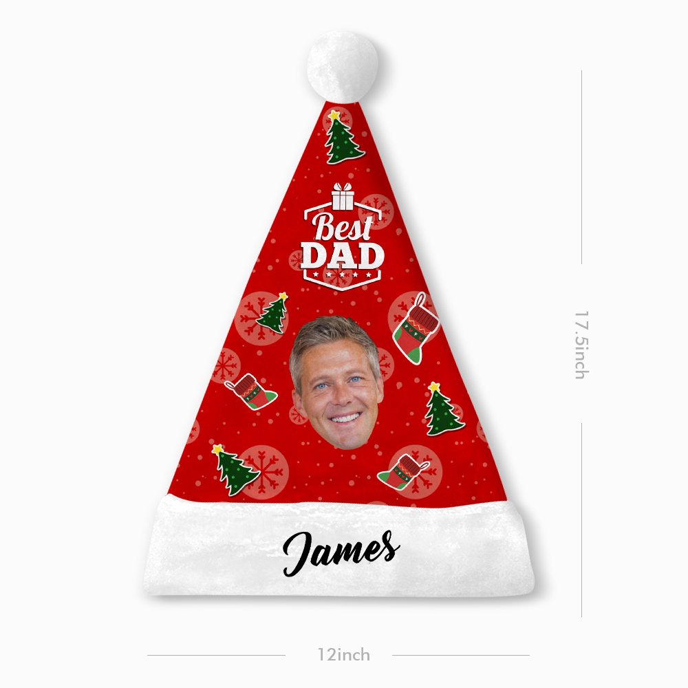 Plush Velvet My Face & Name Personalized Best Dad Santa Hat - For Man, Woman, Kid