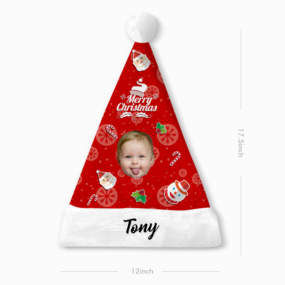 Plush Velvet My Face & Name Personalized Snowman "Merry Christmas" Santa Hat - For Man, Woman, Kid